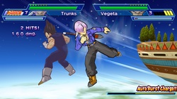 Trunks et Vegeta s'entraînent dans le ciel (Jeu Dragon Ball Z Shin Budokai 2).