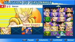 L'écran de sélection des personnages dans le jeu Dragon Ball Z Tenkaichi Tag Team sur PSP.