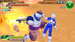 Petit Coeur et Vegeta affrontent le Dr Gero et C-19 (Jeu : Dragon Ball Z Tenkaichi Tag Team).